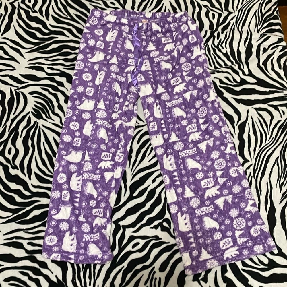 Purple white fuzzy warm fleece winter polar bear pj pajamas pants size large